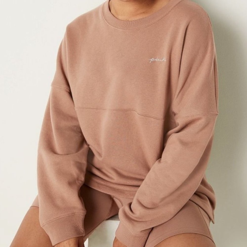 NWT! Victoria's Secret PINK 'Varsity Crew Stucco Beige Shine Sweatshirt'
